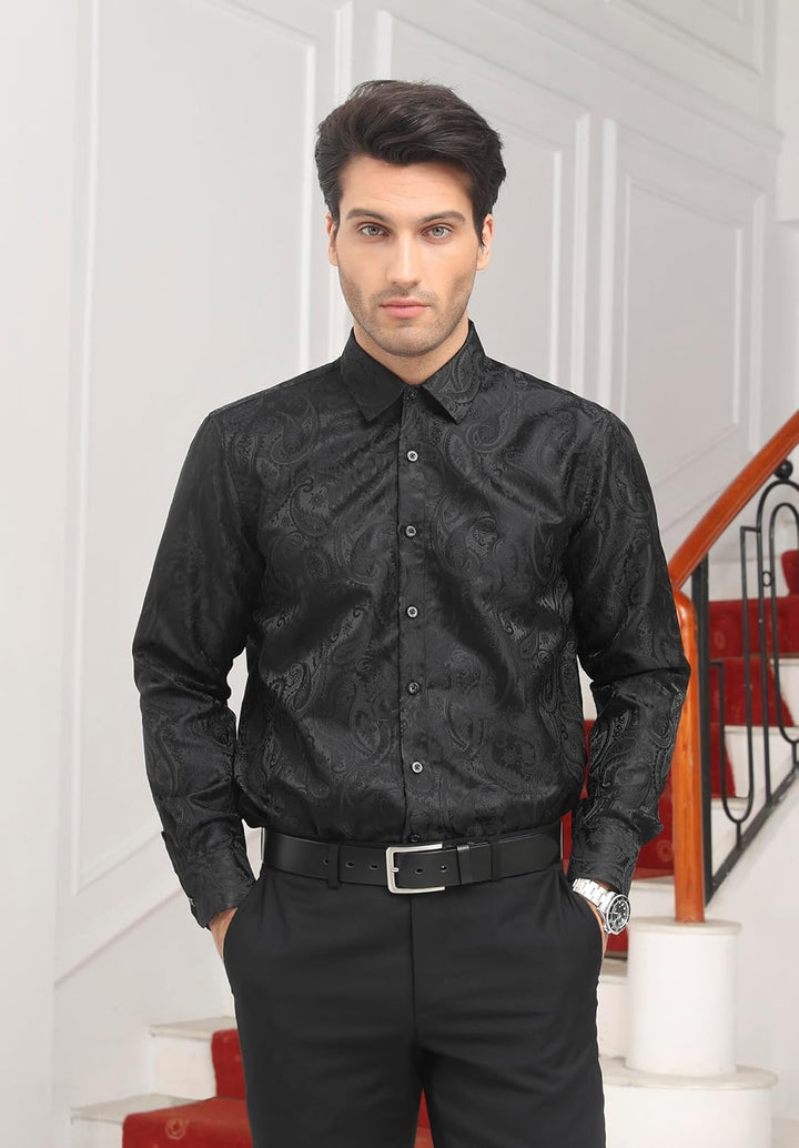 HISDERN Herren Paisley Hemd Langarm Satin Blumen Muster Hemd für Männer Jacquard Stickerei Freizeith