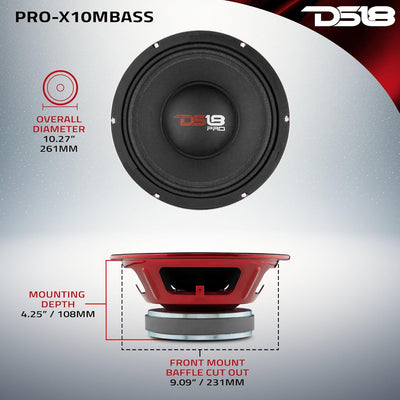 DS18 Car Midrange Speaker 10" Inch 800w Watt 8Ohm Bass Loudspeaker PRO-X10MBASS