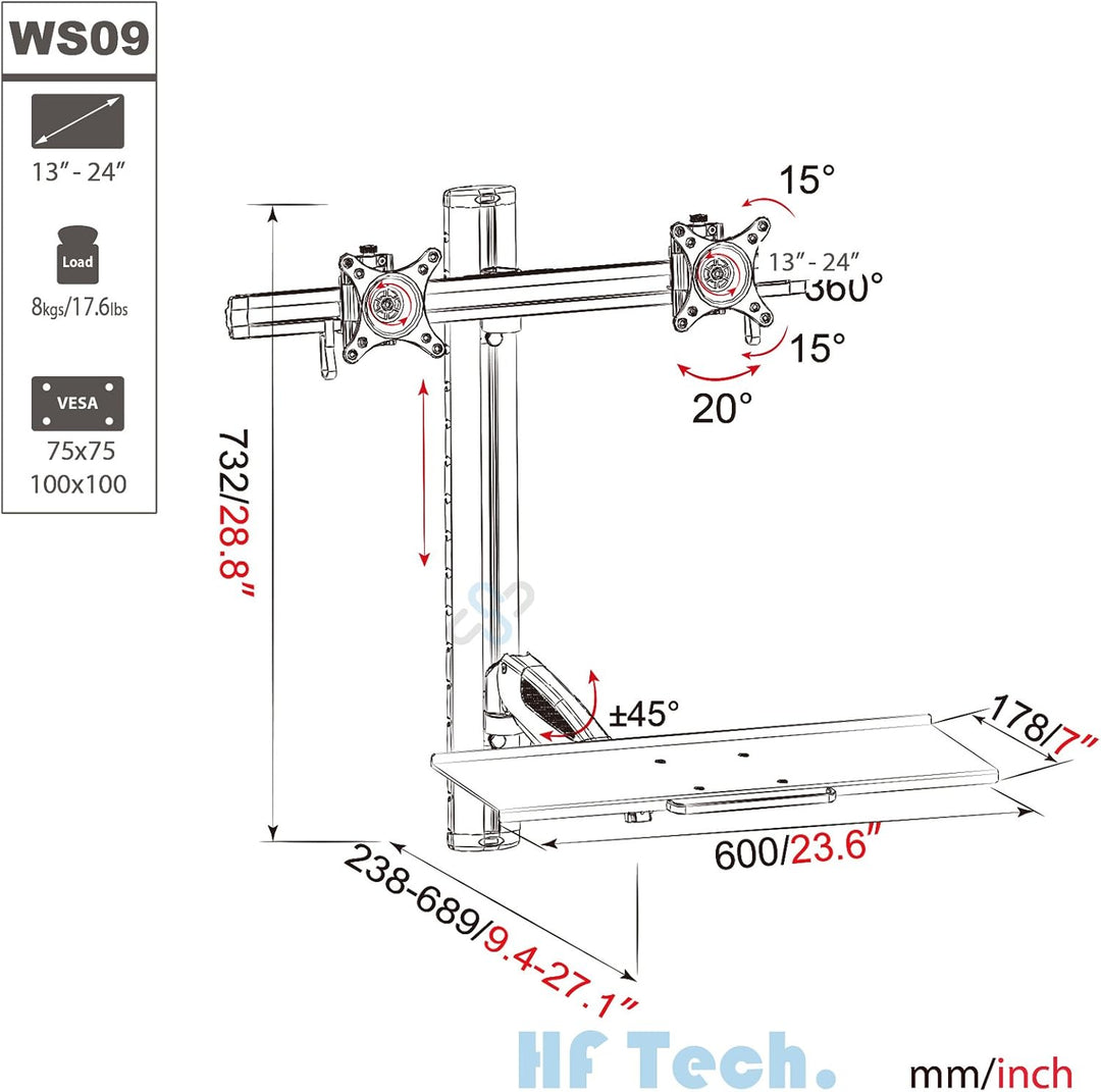 HFTEK FY09WS 2-Fach-Monitor-Halterung Halter Wandhalterung für Bildschirme von 15 bis 24 Zoll mit VE