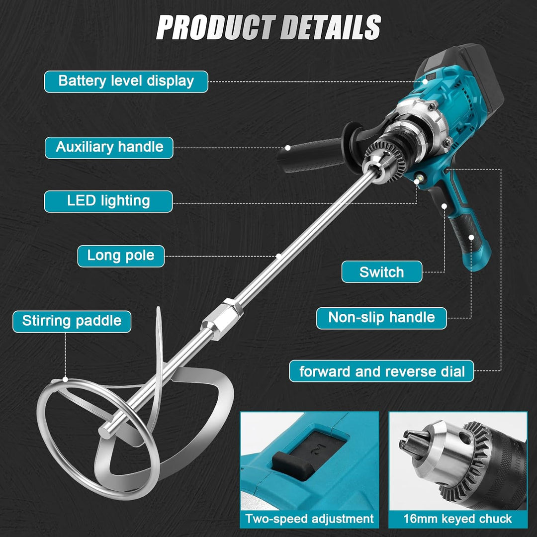 Akku Farbmörtelrührer Kompatibel mit Makita 18V Batterie, Brushless Rührwerk Zementmischer 2-Gang-Ge