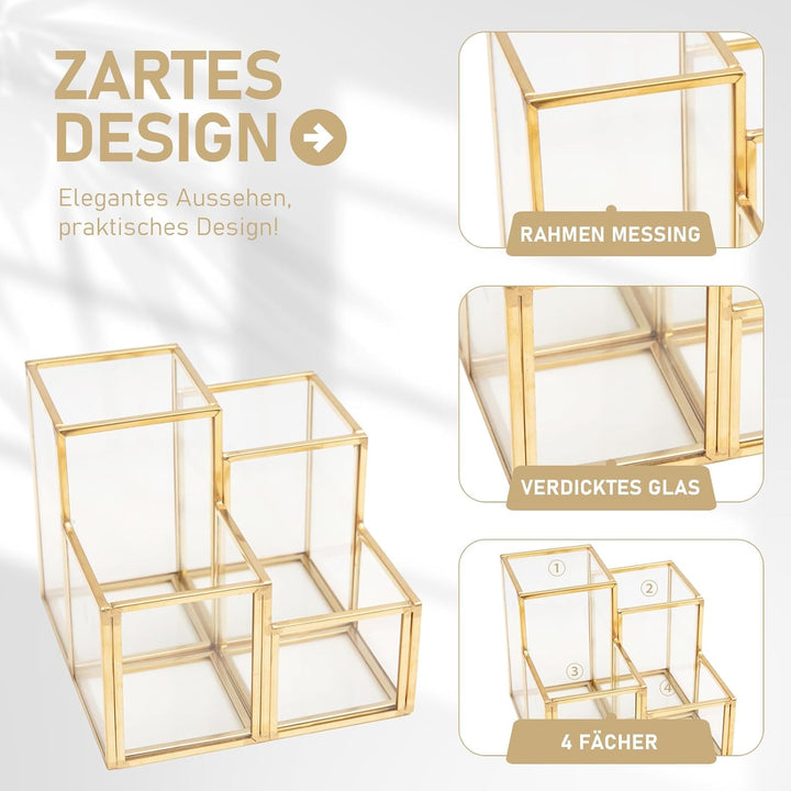 HARLIANGXY Make up Pinsel Organizer Gold, Pinselhalter Kosmetik 4 Fächer - Kosmetik Organizer Glas,