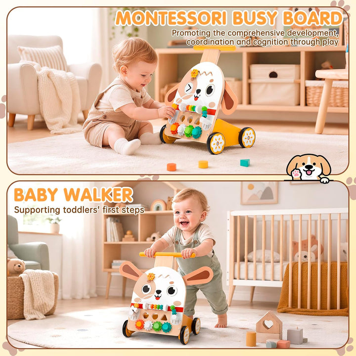 Weilim Holz Lauflernwagen mit Motorikwürfel 6-in-1 im Hunde-Design | 6-in-1 Aktivitätsspielzeug mit