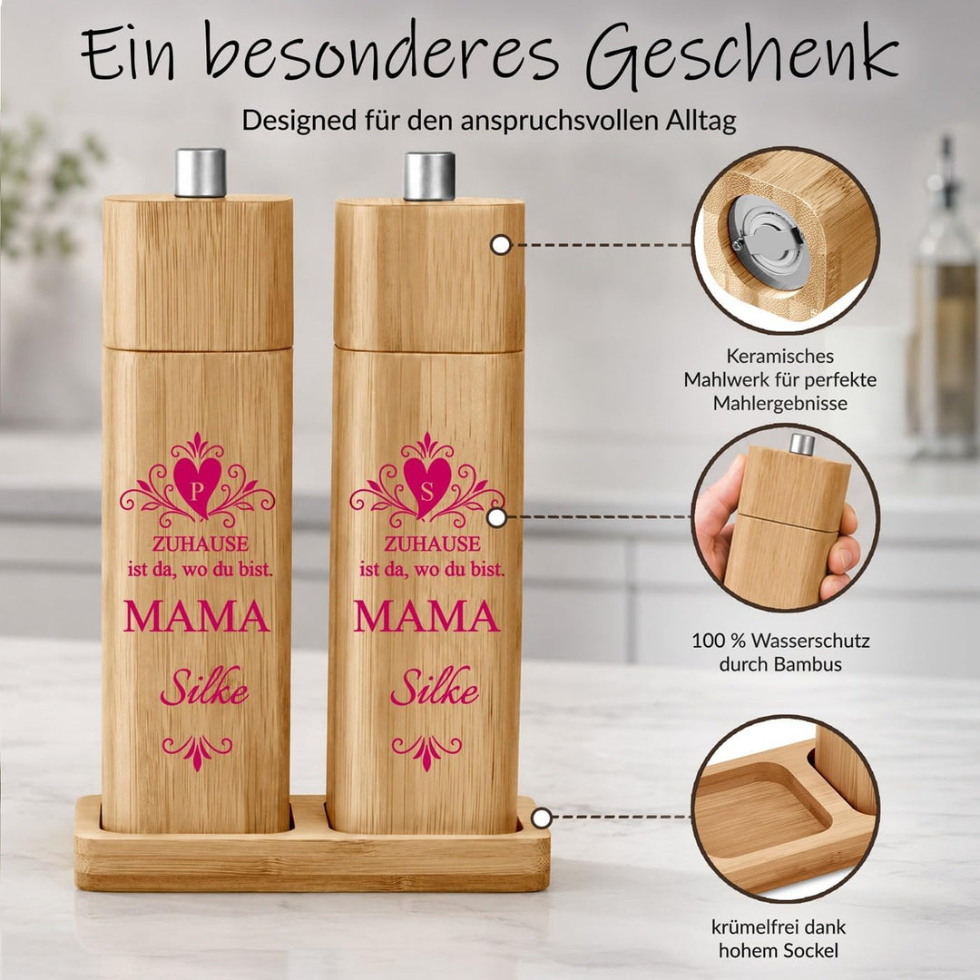 Maverton Bambus Salz und Pfeffermühle mit Aufdruck - Geburtstagsgeschenk für Frauen - personalisiert