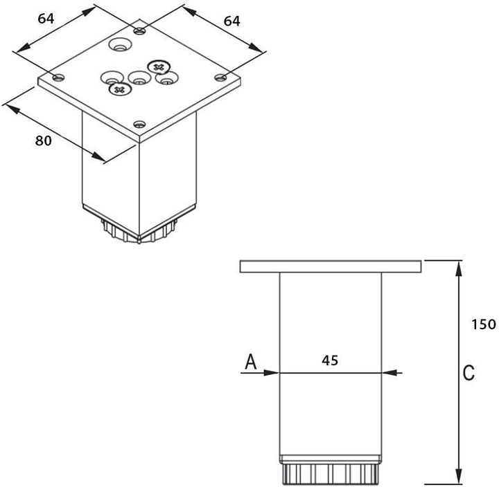 Sossai Exklusiv Möbelfüsse E4MF, höhenverstellbares 4er Set, Höhe: 150 mm, aus Aluminium 45 x 45 mm