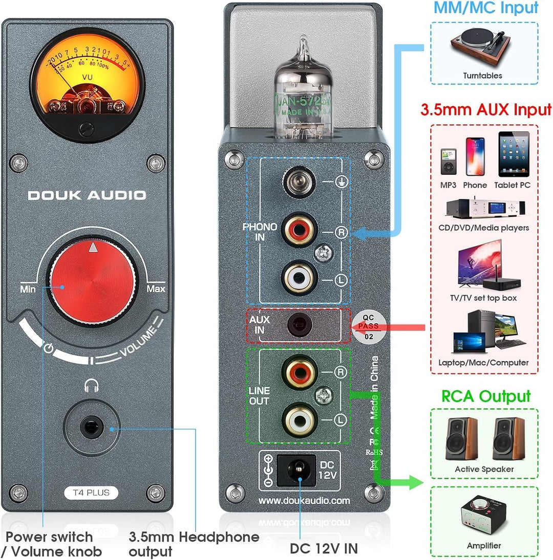 Douk Audio T4 Plus HiFi JAN5654 Röhrenvorverstärker MM/MC Phono-Vorverstärker für Plattenspieler Min