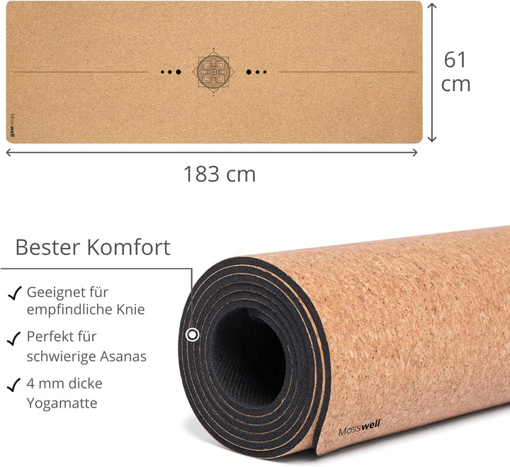 Mosswell Yogamatte aus Kork & TPE - 4mm rutschfest phthalatfrei Mit, Mit Hilfslinie