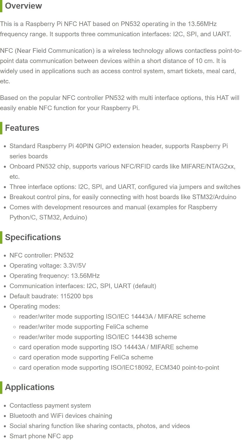 Waveshare PN532 NFC HAT for Raspberry Pi Near Field Communication Support I2C / SPI/UART Interfaces