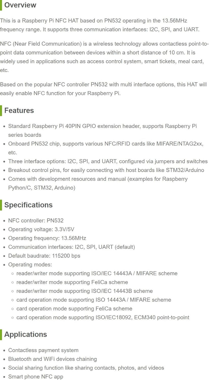 Waveshare PN532 NFC HAT for Raspberry Pi Near Field Communication Support I2C / SPI/UART Interfaces