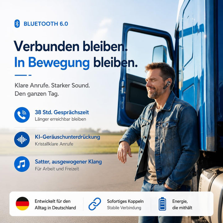 Micool Headset Bluetooth Handy V6.0 mit KI Geräuschunterdrückung & 38 Std. Sprechzeit – Single Ear F