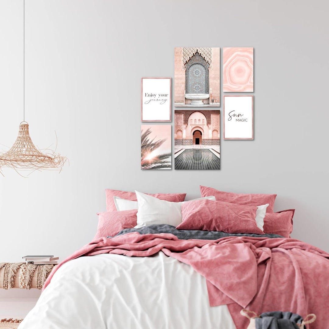 Novart Bilder Set - AUFHÄNGFERTIG - KEIN EXTRA RAHMEN BENÖTIGT - Oriental Marokko Palme Modern Rosa