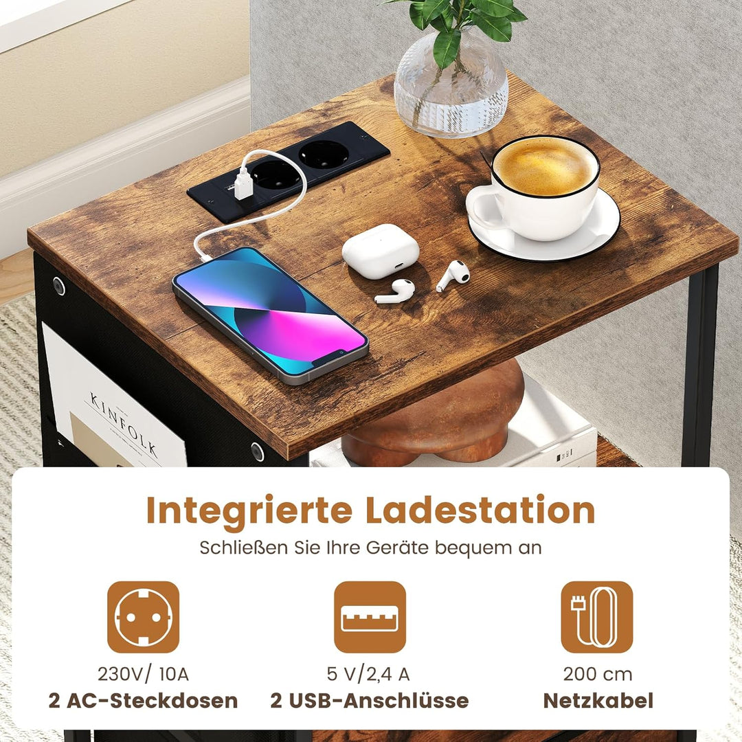 COSTWAY Nachttisch mit LED und Ladestation, 2er Set Beistelltisch mit 2 Schubladen & Seitentaschen,
