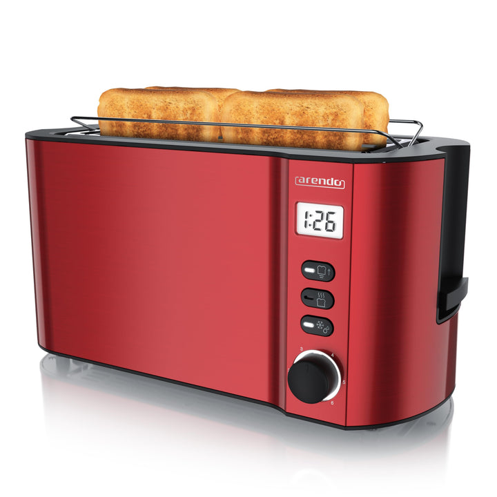 Arendo - Toaster Edelstahl Langschlitz 4 Scheiben - Doppelwandgehäuse - Integrierter Brötchenhalter