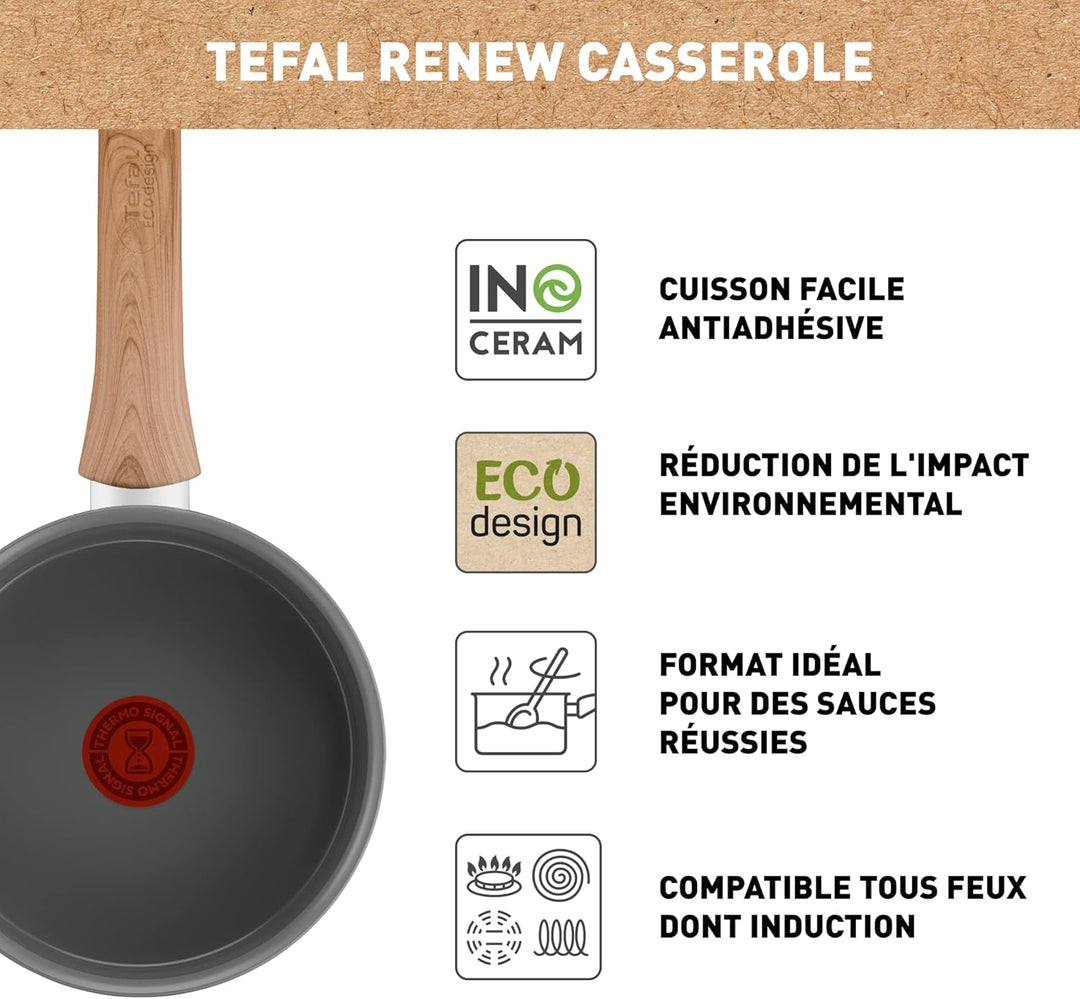Tefal Renew, 20 cm Stielkasserolle, Keramik-Antihaftbeschichtung, Öko-Design, recycelt, gesundes Koc