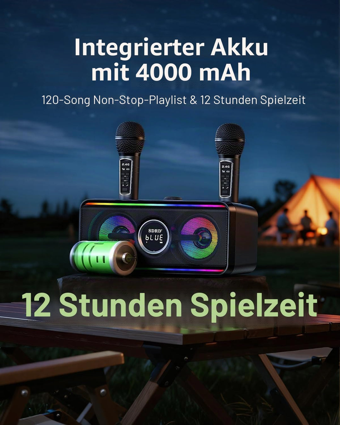 SDRD SD-216 Karaoke-Maschine – 2 kabellose Mikrofone, 80W kraftvoller Sound, Bluetooth &amp; LED-Lichter