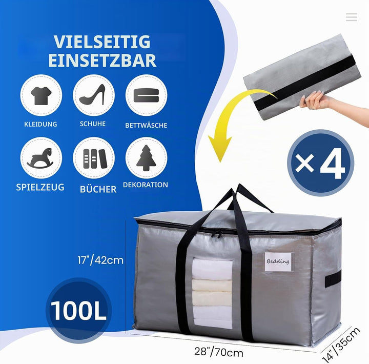 TAILI Silber Grosse Umzugstasche mit Reissverschluss, 4 PCS Aufbewahrungstasche mit Griffe &amp; Deckel