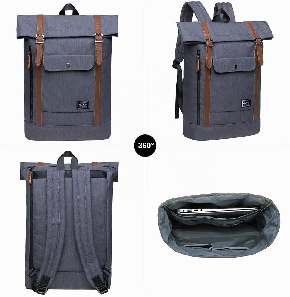 KAUKKO RollTop Rucksack Stylish Backpack für Schule, Uni, Beruf und Reise Grau, Grau