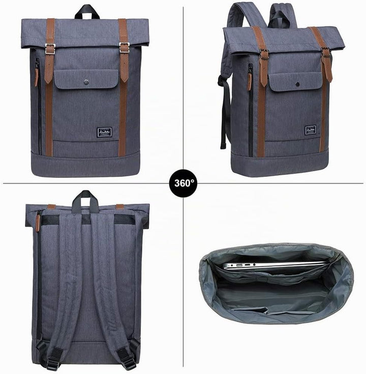 KAUKKO RollTop Rucksack Stylish Backpack für Schule, Uni, Beruf und Reise Grau, Grau