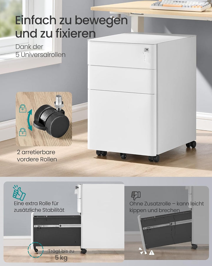 SONGMICS Schubladenschrank, Rollcontainer mit 3 Schubladen, abschliessbarer Aktenschrank, vormontier