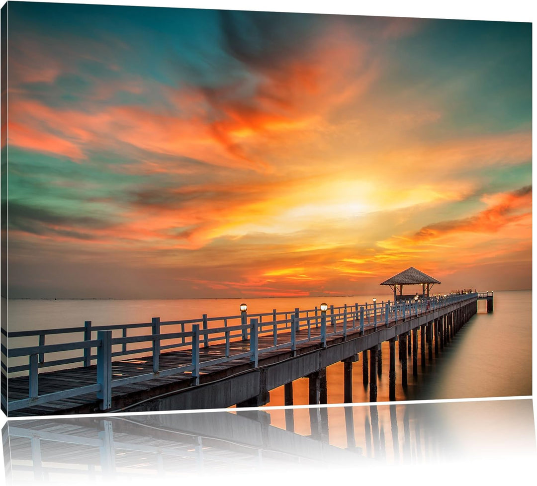 Pixxprint Steg ins Meer bei Sonnenuntergang als Leinwandbild/Grösse: 100x70 cm/Wandbild/Kunstdruck/f