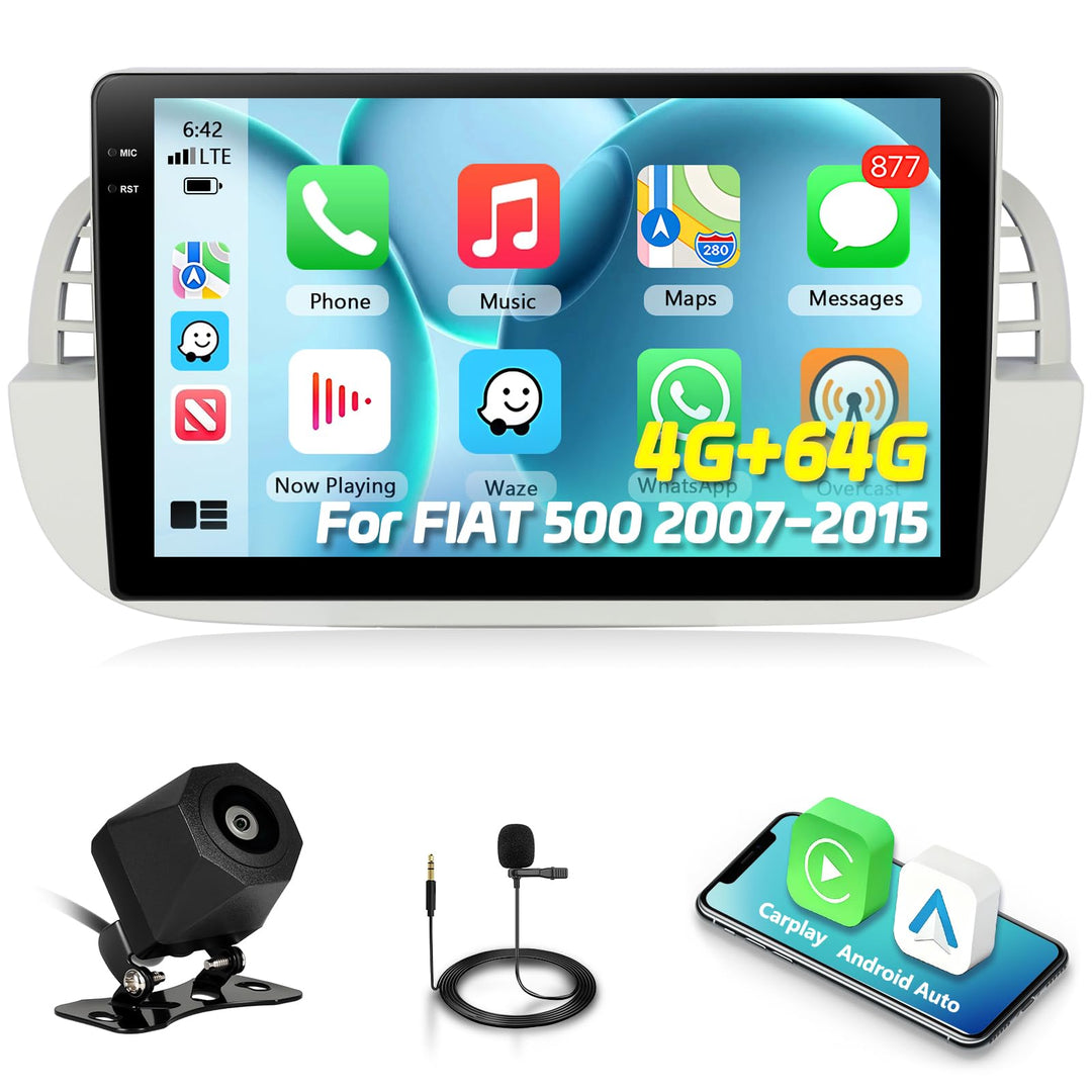 4GB+64GB Autoradio für FIAT 500 2007-2015 Radio mit Carplay, Wireless Android Auto 9 Zoll Incell Bil