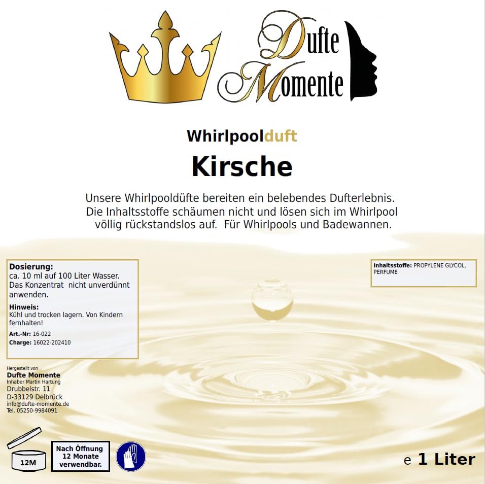 Dufte Momente | Whirlpool Duft Kirsche 1.000ml | mit naturreinen und natürlichen ätherischen Ölen |