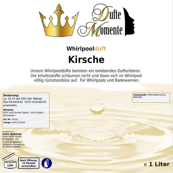 Dufte Momente | Whirlpool Duft Kirsche 1.000ml | mit naturreinen und natürlichen ätherischen Ölen |
