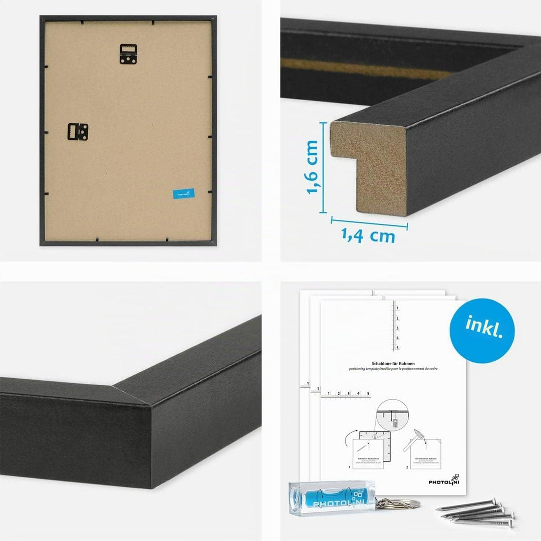 PHOTOLINI schwarze Bilderrahmen Set verschiedene Grössen, 9 Bilderrahmen schwarz Holz MDF, Bilder Ra