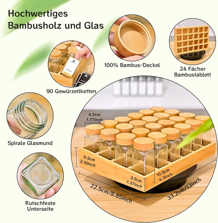 Umweltfreundliches Gewürzregale Holz mit 24 Bambusfächern | 24 120ml-Gewürzgläser Drawer Organizer |