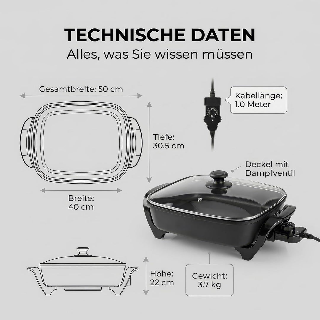 Elektrische Pfanne - 40 cm - Dickwandiges Aluminium-Gussgehäuse Single, Single
