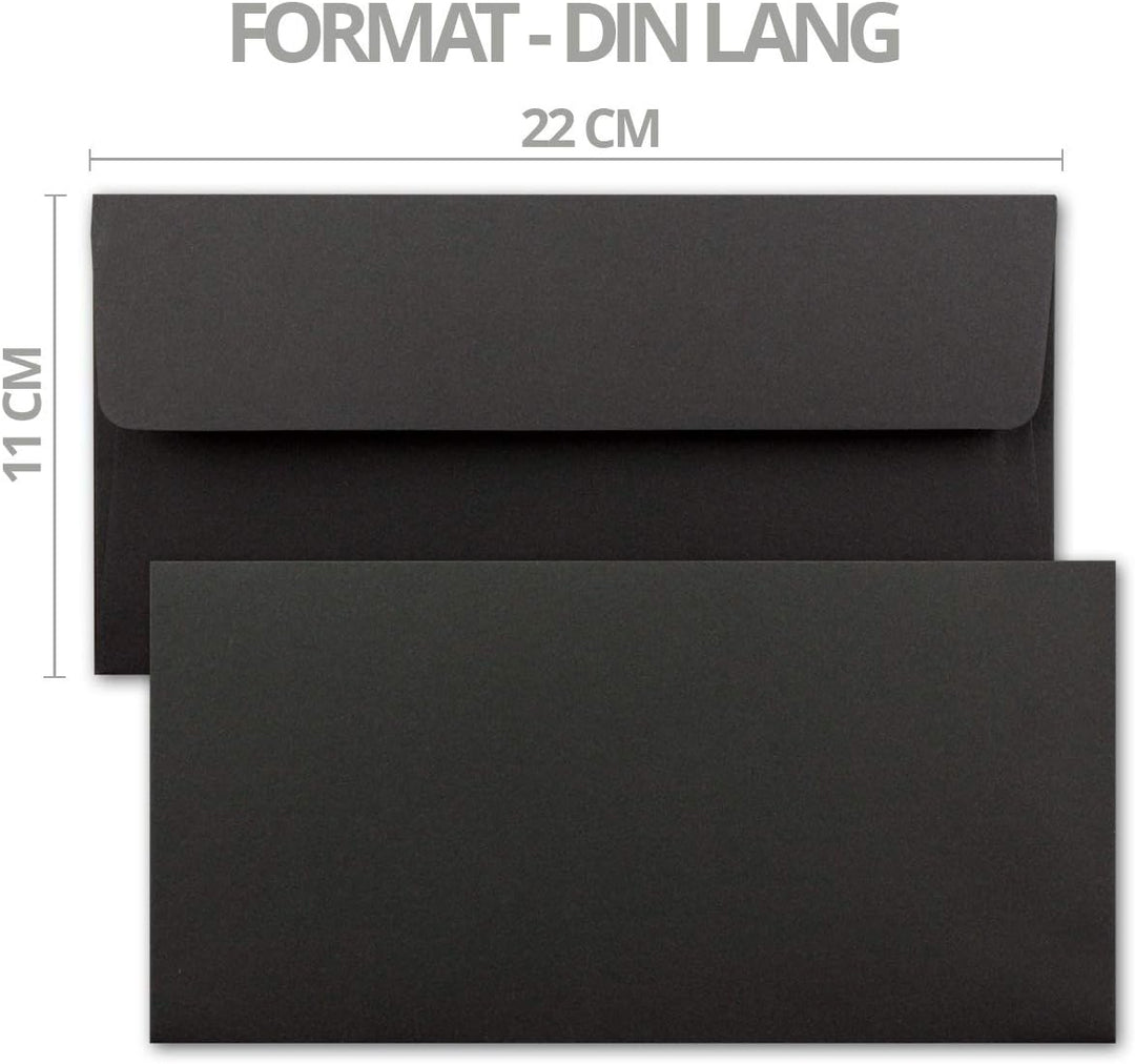 700x Kraftpapier Umschläge DIN Lang - Schwarz ÖKO - Haftklebung 11 x 22 cm - 120 g/m² breite Lasche