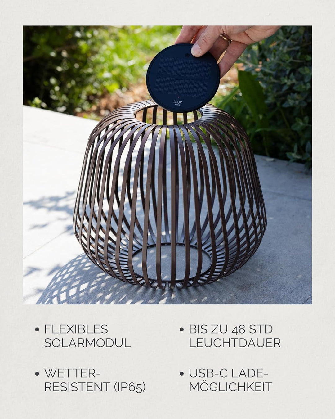 LUUK Studio Moderne LED Solarlampe, dimmbare Tischlampe für drinnen & draussen, IP65 wetterfest, Sol