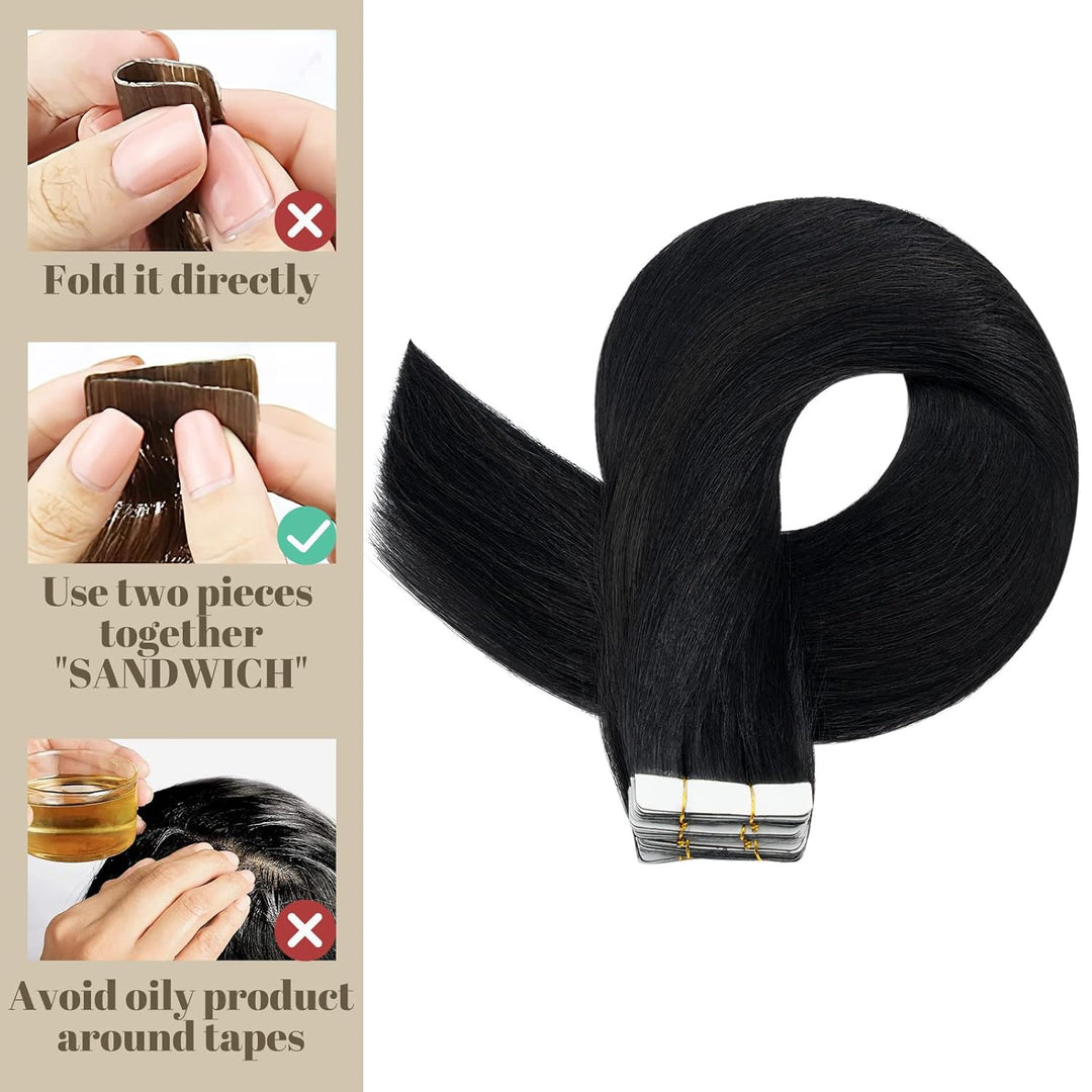 SEGO Tape Extensions Echthaar Haarverlängerung 10 Tressen Klebeband 25g Haarteile 7A Glatt 100% Remy