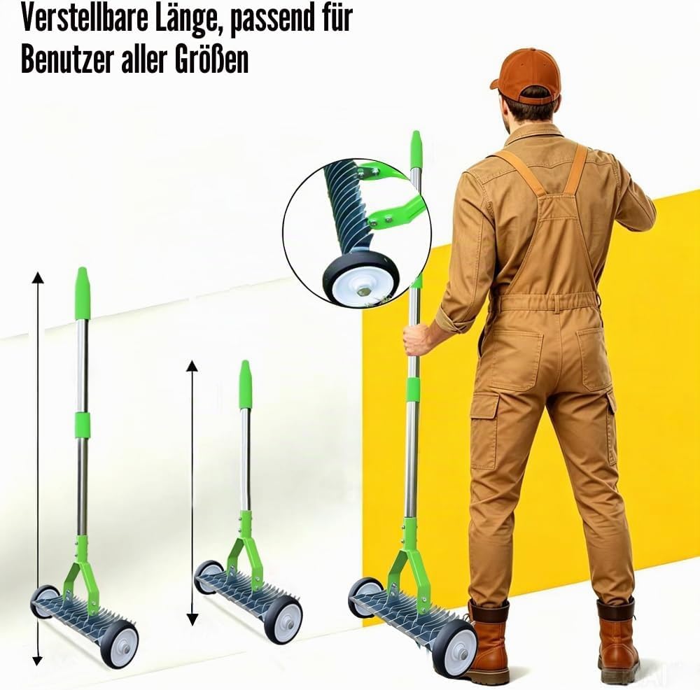 Handvertikutierer mit Rollen, Schneidrechen mit Stiel 165cm, Vertikutierer Rechen Hand mit Gartenabf