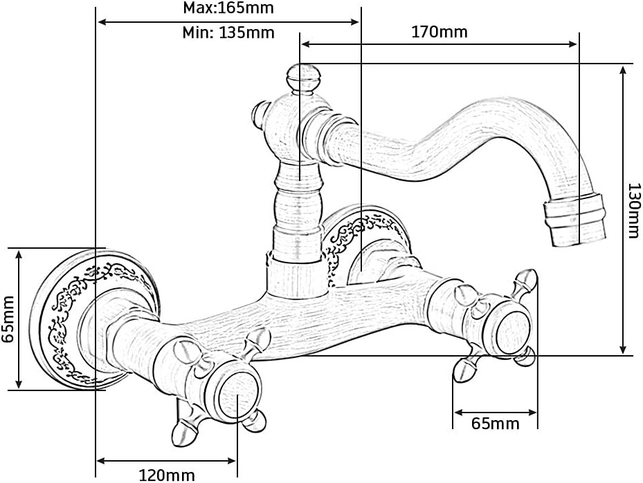 Küchenarmatur, Wandmontage, Antik-Bronze, 360 ° drehbar, doppelte Kontrolle, Pflaume mit Kreuzlenkra