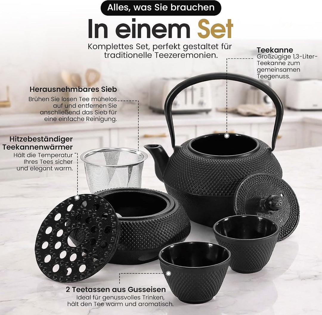 Dimono Traditionelles Tee-Set aus Gusseisen: Teekanne, Stövchen und 2 Teebecher Komplett-Set, Komple