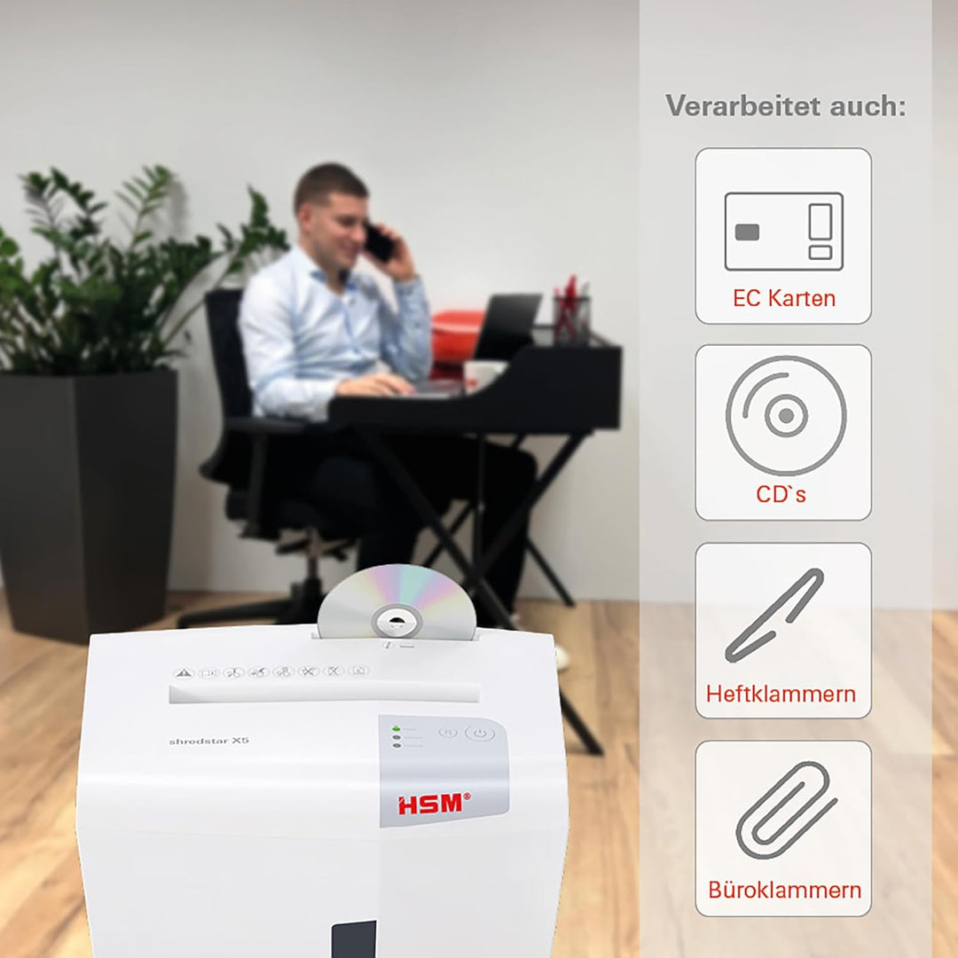 HSM shredstar X5 Aktenvernichter, Sicherheitsstufe P-4, 5 Blatt (Partikelschnitt) mit CD-Schredder w