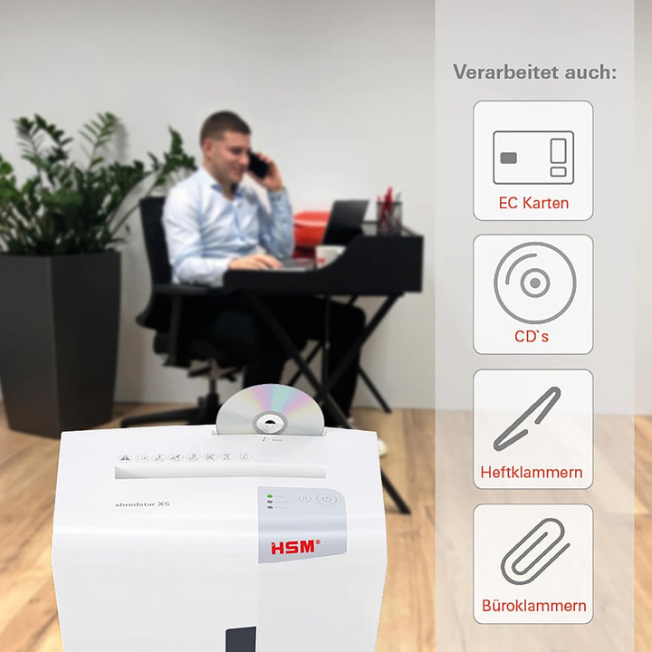 HSM shredstar X5 Aktenvernichter, Sicherheitsstufe P-4, 5 Blatt (Partikelschnitt) mit CD-Schredder w