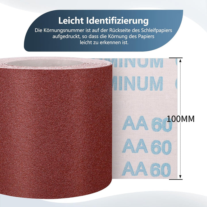 ZEHIQ Schleifpapier Rolle, Schleifpapierrollen Körnung 60, 100 mm x 10 m Schleifleinen Rolle für Han