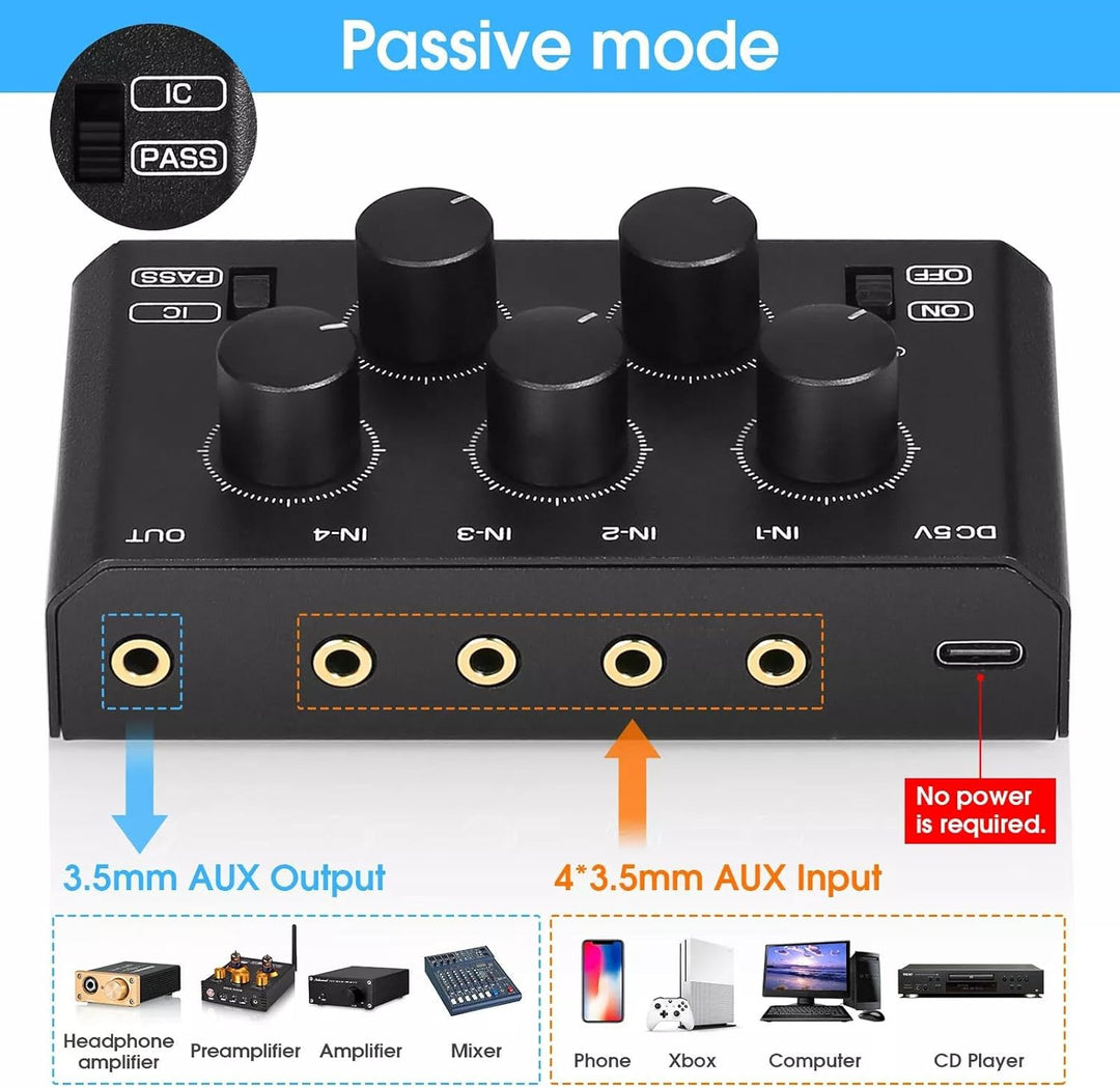 Mini Stereo-Audiomixer mit 4 Kanälen und sehr geringem Rauschen für Heim/Studio/Bar Line-Mixer (MC5-