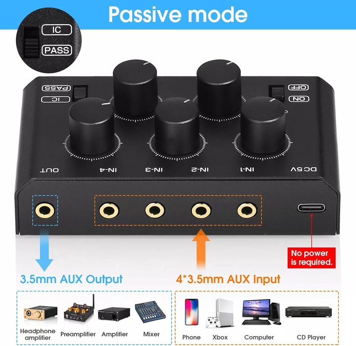 Mini Stereo-Audiomixer mit 4 Kanälen und sehr geringem Rauschen für Heim/Studio/Bar Line-Mixer (MC5-