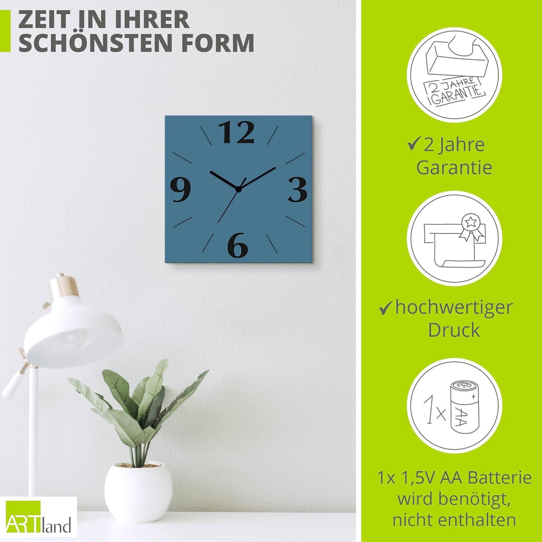 ARTLAND Wanddeko Wanduhr ohne Tickgeräusche Alu Quarzuhr 30x30 cm Quadratisch Lautlos 4 Ziffern Farb