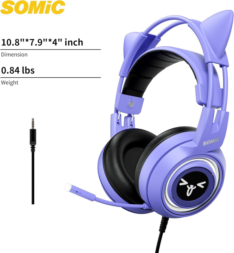 SOMiC G951S Violett Gaming Headset mit Mikrofon, Mädchen, Frauen Abnehmbarer Cat-Ear-Kopfhörer mit L