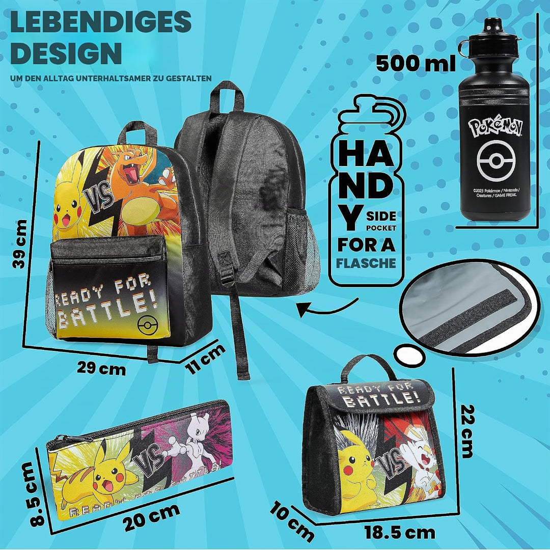 Pokemon Rucksack Kinder 4er Set Schulranzen Lunchbox Federmäppchen Wasserflasche 500ml Kinderrucksac