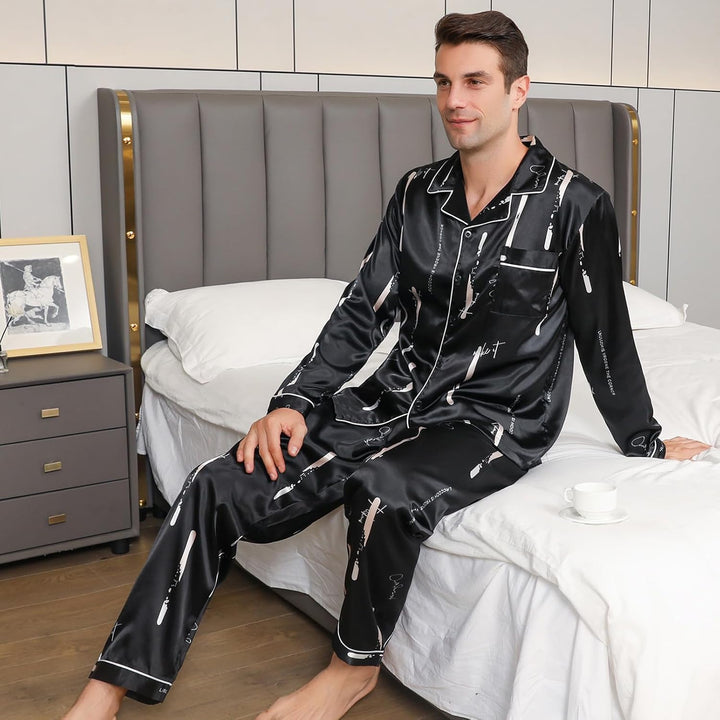 RuanMM Herren-Pyjama-Set aus seidigem Satin mit schwarzem Muster, Nachtwäsche mit Langen Ärmeln und
