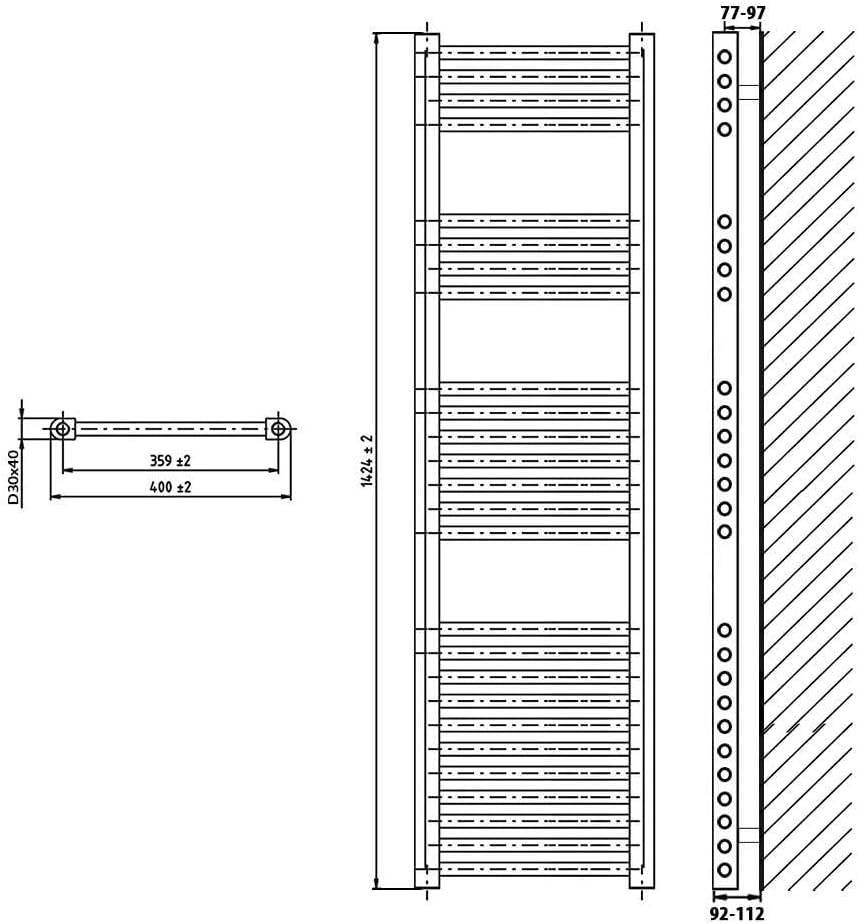 Heizkörper Badheizkörper Handtuchwärmer mit Seitenanschluss unten weiss (1424 x 400 mm) (518 Watt na