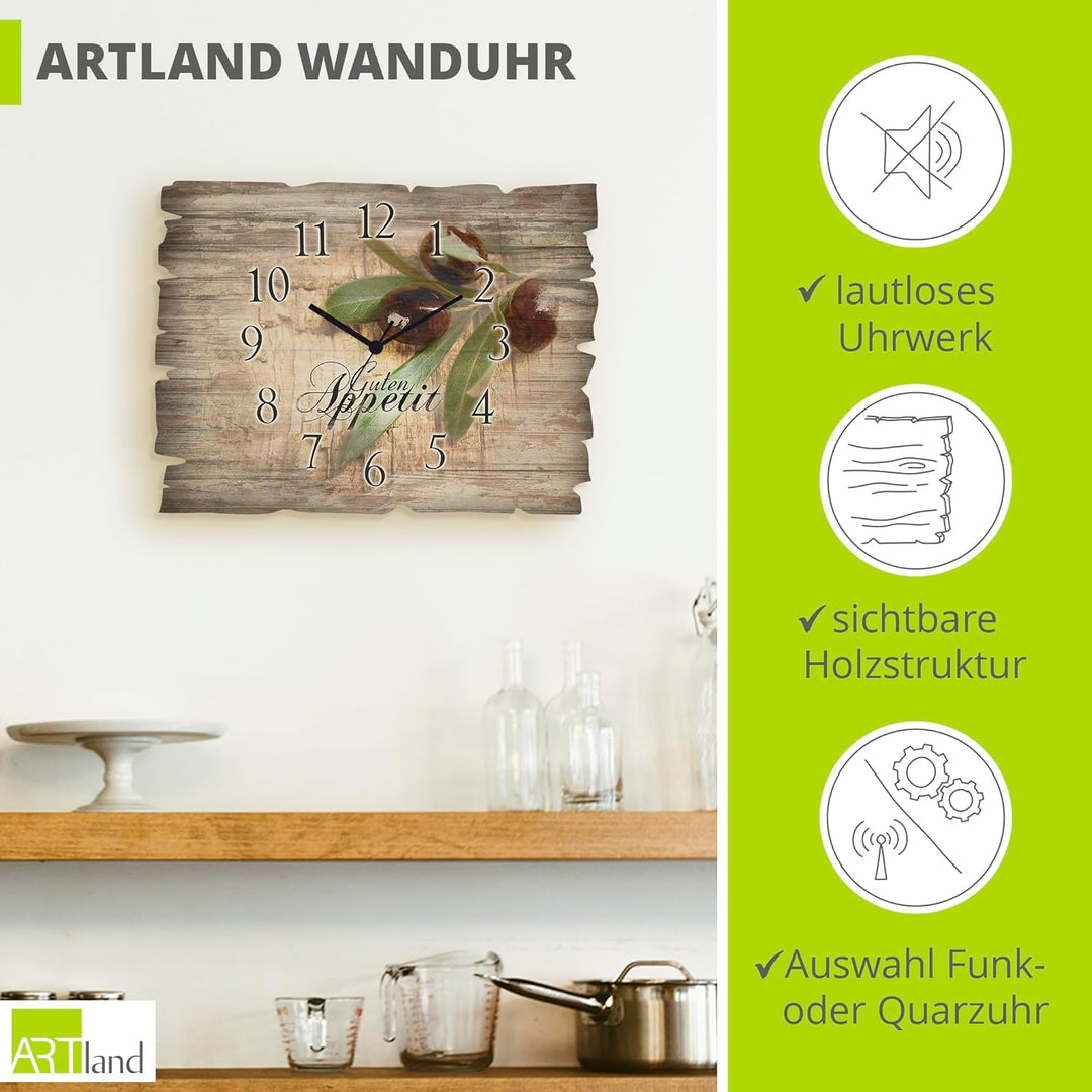 ARTLAND Wanduhr ohne Tickgeräusche aus Holz Quarzuhr 40x30 cm Rechteckig Lautlos Guten Appetit Essen