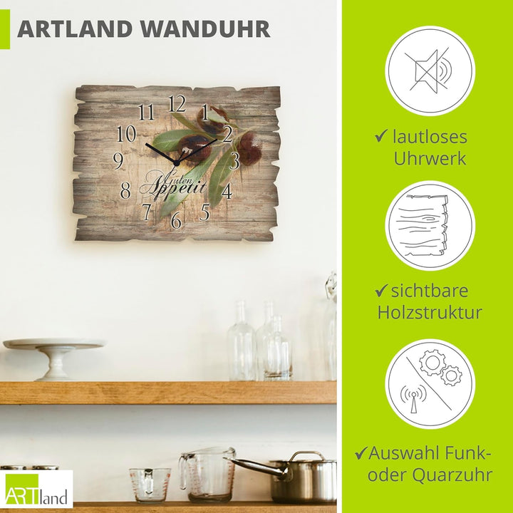 ARTLAND Wanduhr ohne Tickgeräusche aus Holz Quarzuhr 40x30 cm Rechteckig Lautlos Guten Appetit Essen