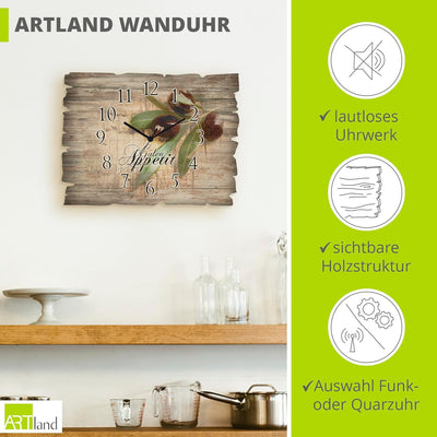 ARTLAND Wanduhr ohne Tickgeräusche aus Holz Quarzuhr 40x30 cm Rechteckig Lautlos Guten Appetit Essen