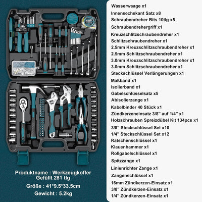 Sundpey Werkzeugkoffer Gefüllt 281tlg - Tragbares Komplett Werkzeug Sets für Männer und Frauen Werkz