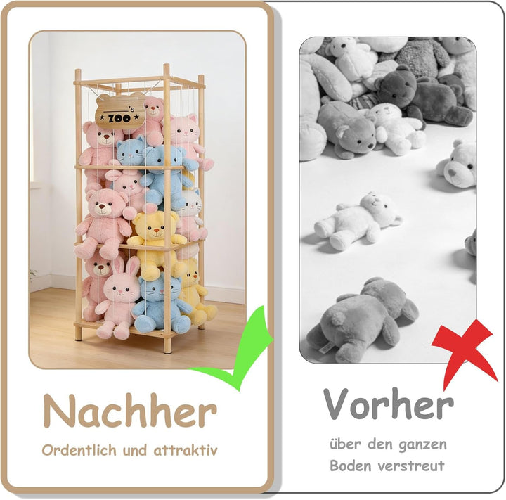 Kuscheltier Aufbewahrung Holz, 136 x 40 x 40 cm Stofftier Aufbewahrung Regal Kuscheltiere mit Elasti